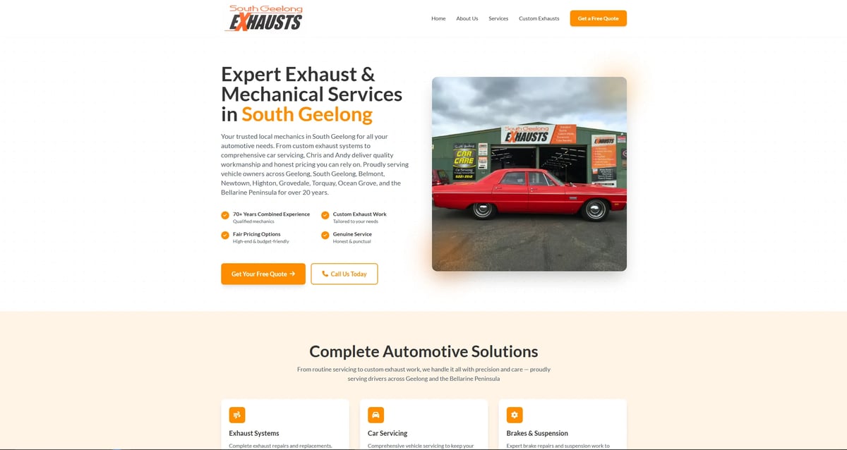 South Geelong Exhausts website homepage showing automotive services with orange call-to-action buttons on a dark header